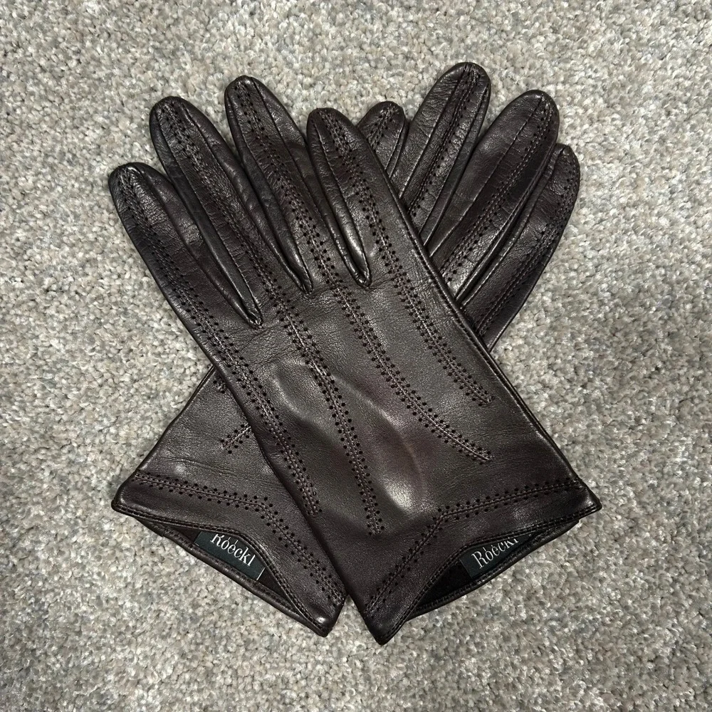 Roeckl Womens Dark‎ Brown Leather Gloves Perforated Pointelle Size Small